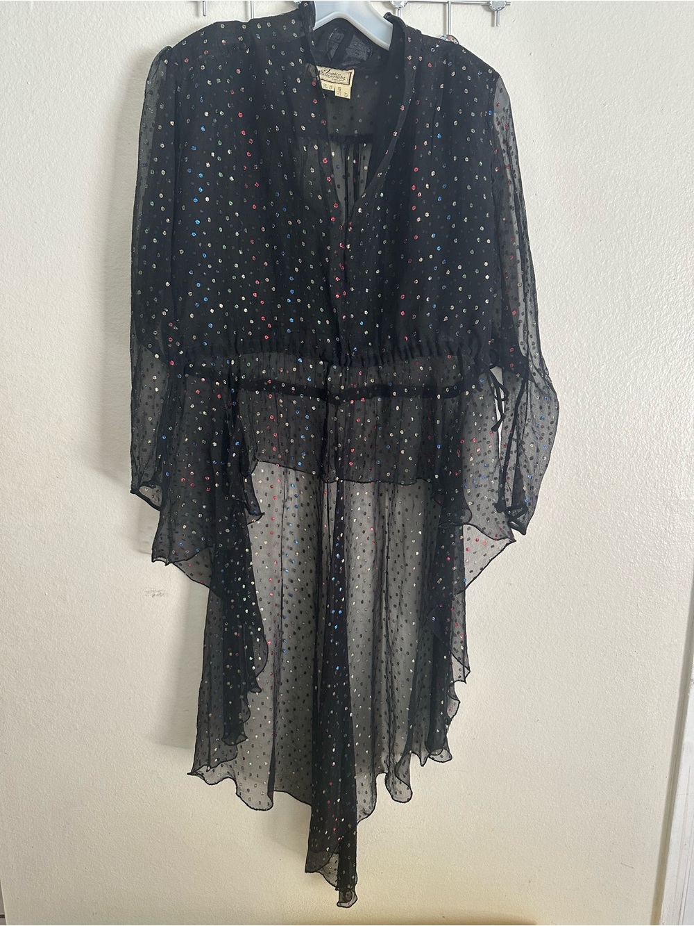 Janice Wainwright 70s blouse Black Sheer with Multicolor Dot Accents